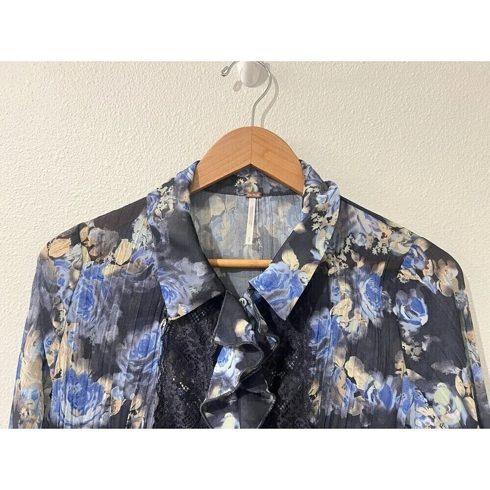 Free People Bad at Love Blouse Sheer Floral Ruffle Sleeve Lace Boho Fairy Whimsy
